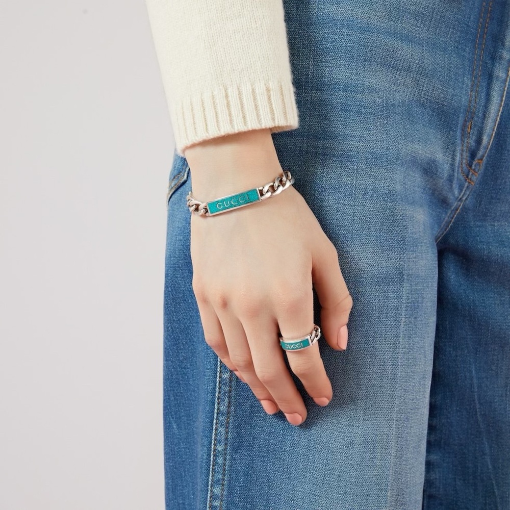 GUCCI 925 Sterling Silver Link Turquoise Enamel Logo Unisex Bracelet Sz 16 BNIB